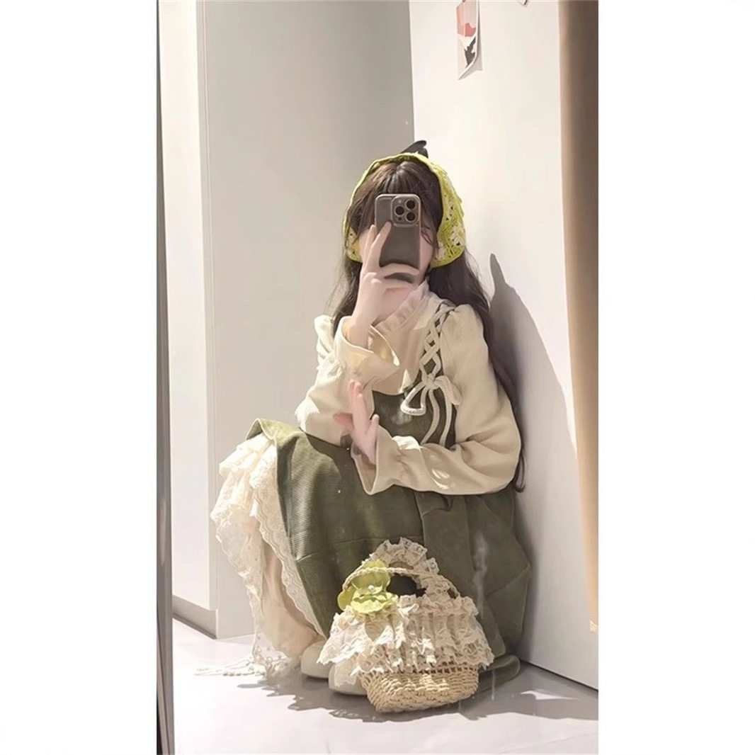 法式新款气质春秋假两件高级复古过膝连衣裙学院收腰显瘦拼接裤子