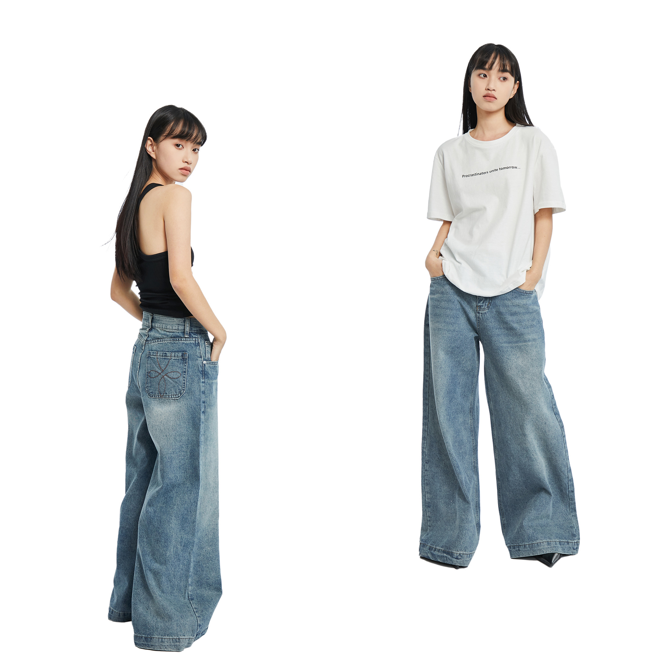 刺绣设计阔腿牛仔裤阔脚裤长裤