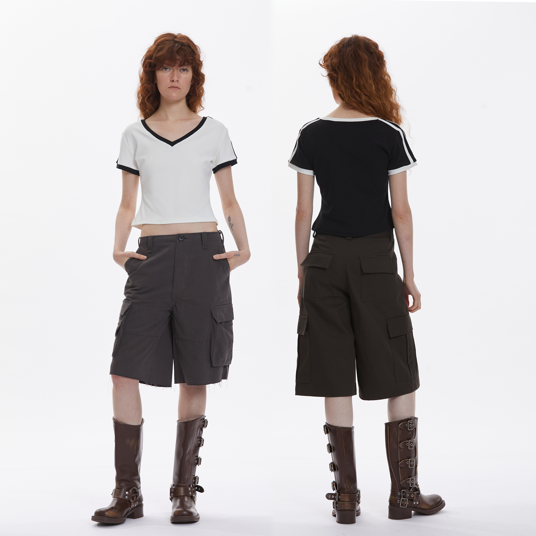 美式简约条扛V扣领短袖T恤