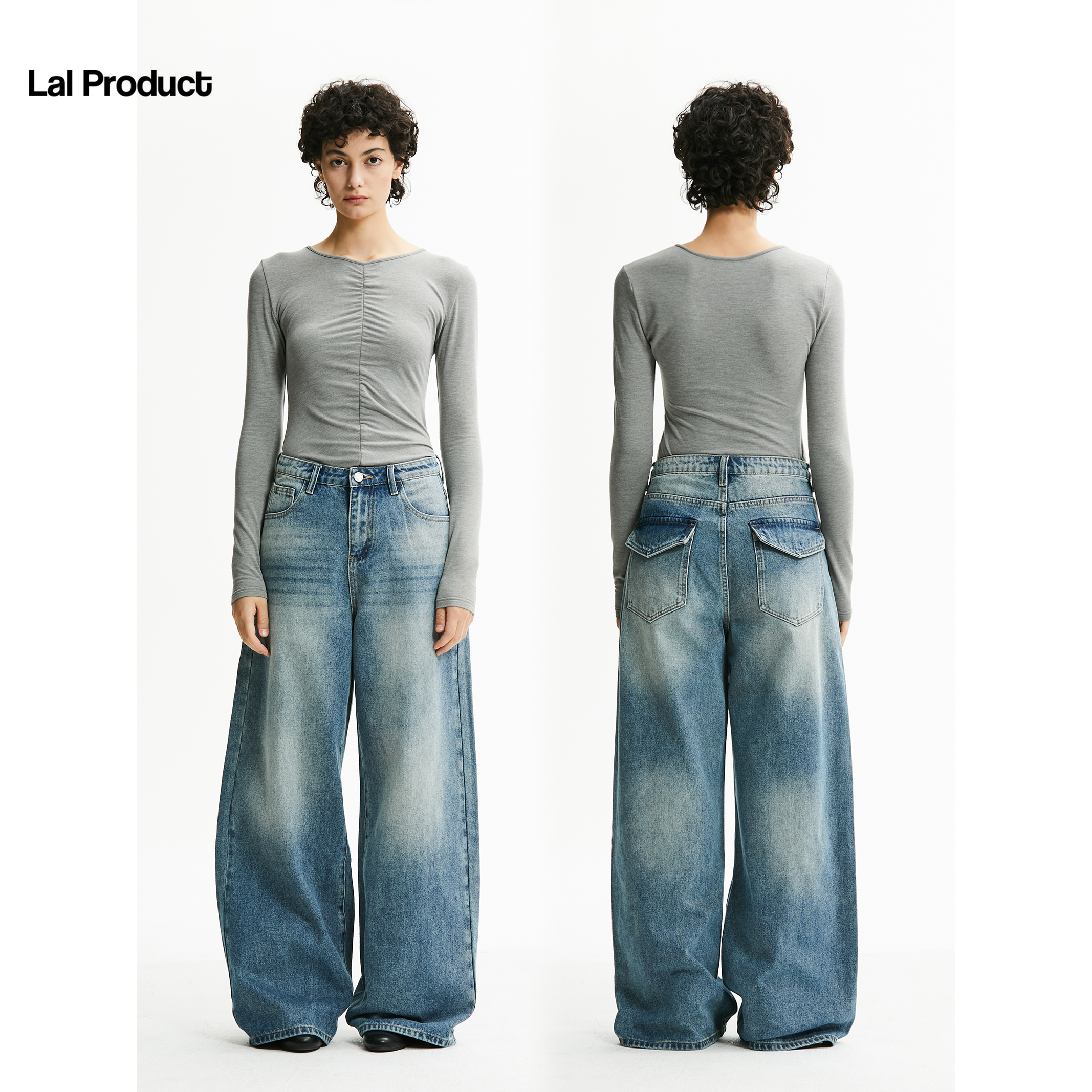 磨白做旧猫须遮肉显瘦阔腿牛仔裤