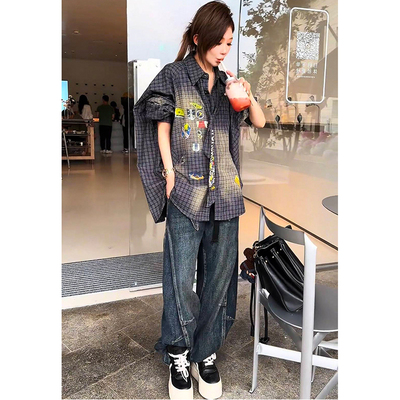 个性风卡通印花格子长袖衬衫女潮