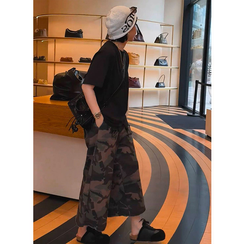 欧洲站2026夏季新款时尚个性风短袖圆领上衣潮流迷彩卫裤两件套女