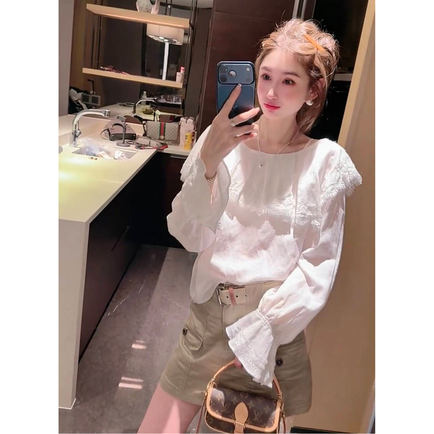 圆领上衣高腰工装短裙两件套女