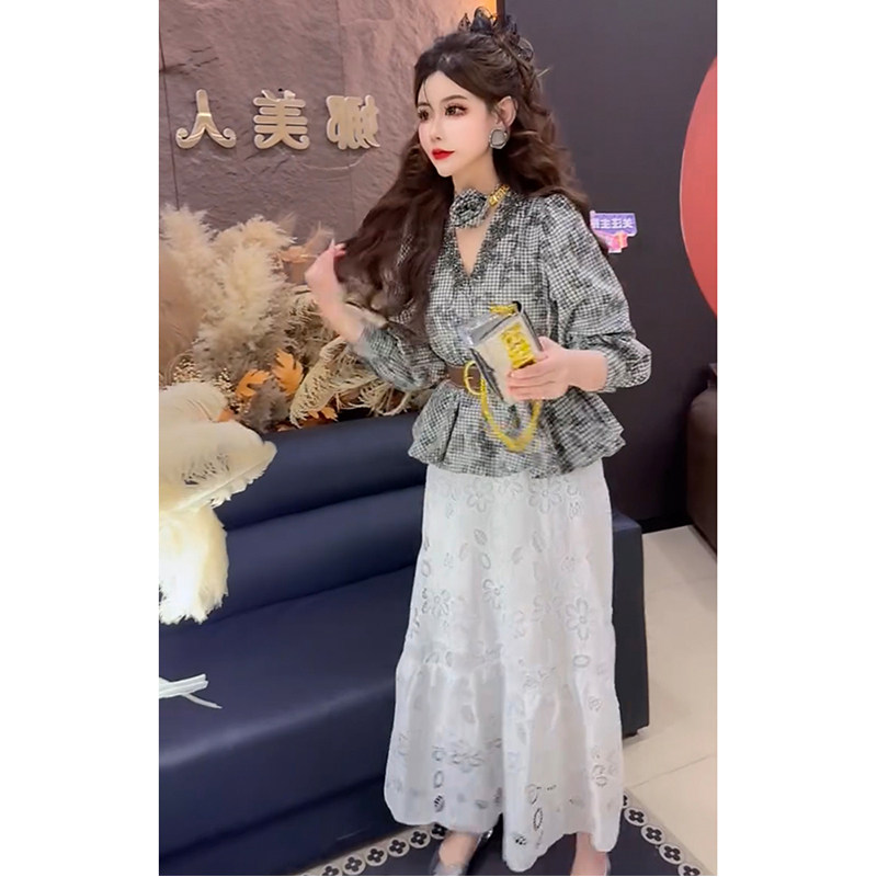 欧洲站2026春夏新款时尚百搭显瘦减龄气质大方格子衬衫半身裙套装