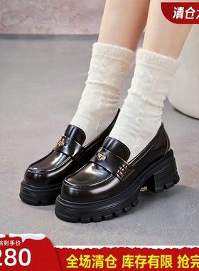 GNC一脚蹬厚底乐福鞋女鞋秋新款英伦小皮鞋单鞋真皮黑色女鞋