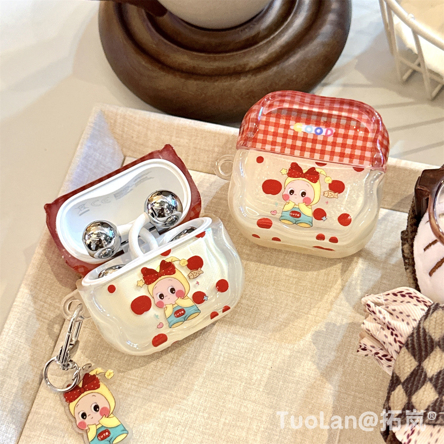 拓岚 适用华为freeclip2耳机保护壳可爱ins格纹卡通苹果星星人FreeBuds6i/5i吊坠挂件freebudsSE3/se2网红套