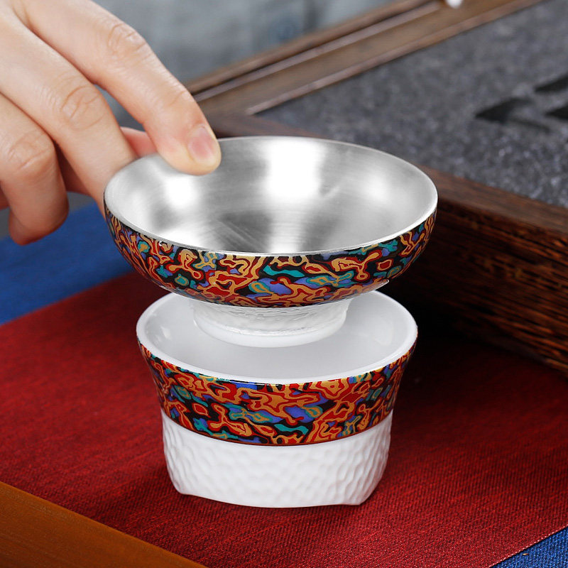 鎏银大漆锤纹茶具配件陶瓷茶漏器茶滤茶斗泡茶叶过滤器茶隔过滤网