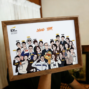 多人q版卡通画像公司单位同事礼物团队集体照转手绘透明相框定制