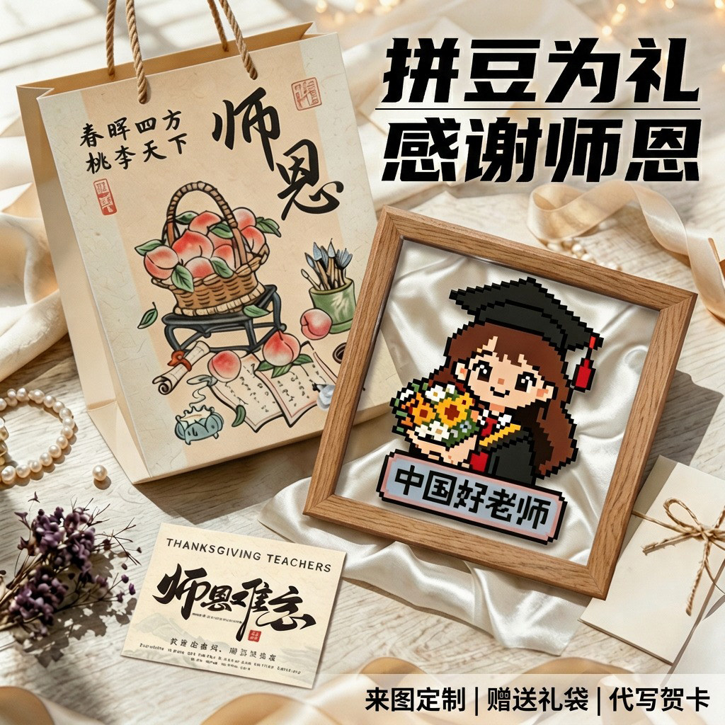 教师节礼物拼豆成品照片来图定制设计卡通人物手工手绘相框礼袋图片