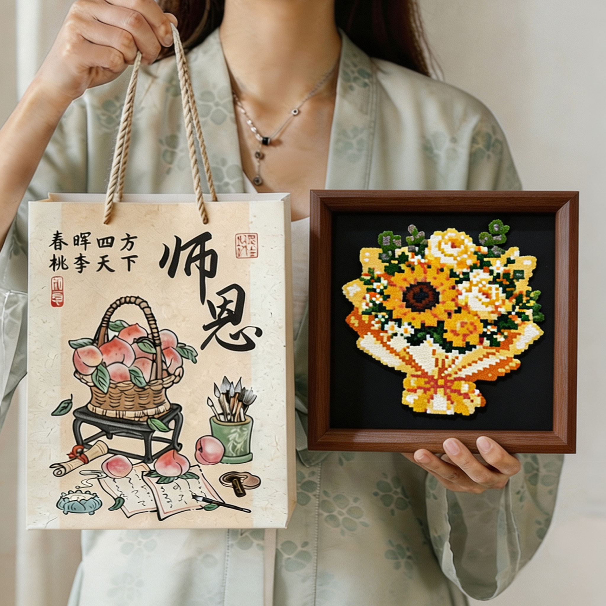 教师节礼物送男女老师拼豆成品花束来图定制设计卡通人物手工相框图片