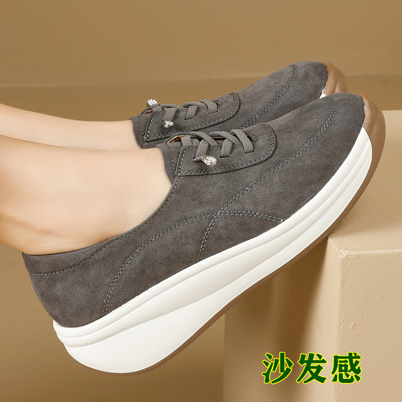 休闲反绒皮厚底单鞋女系带软底舒适百搭深口懒人鞋板鞋运动鞋防滑