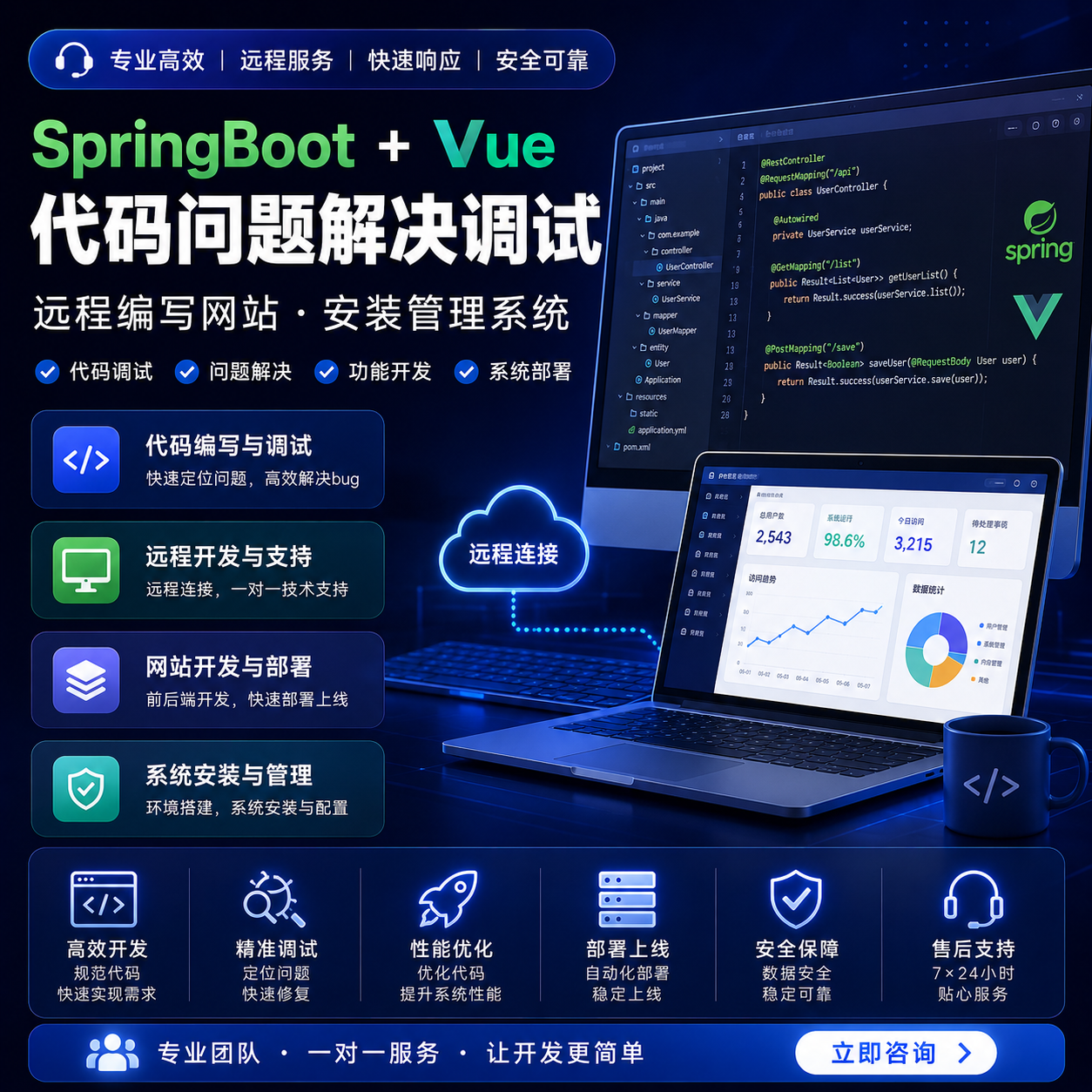 SpringBoot+Vue远程编码调试系统开发网站定制一对一技术支持