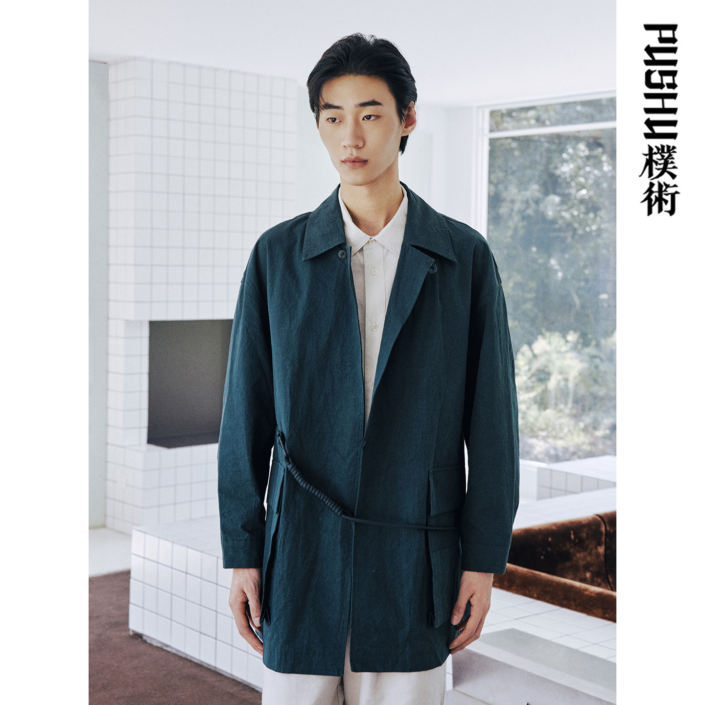 朴术男装奥莱款春秋季新品中长款外套男日系绿色挂绳设计感风衣男