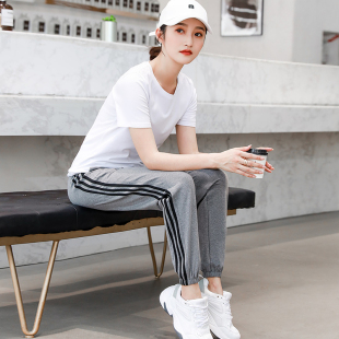 显瘦三道杠条纹休闲裤 卫裤 女束脚宽松哈伦春夏纯棉新款 灰色运动裤