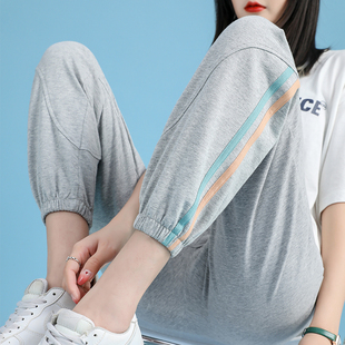 撞色条纹二道杠休闲裤 灰色运动裤 女纯棉春夏高腰束脚宽松哈伦卫裤