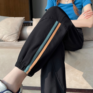 高腰宽松显瘦黑色二条纹束脚运动裤 纯棉卫裤 女春夏新款 九分休闲裤