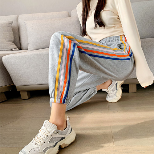 春夏纯棉彩虹条纹运动裤束脚哈伦