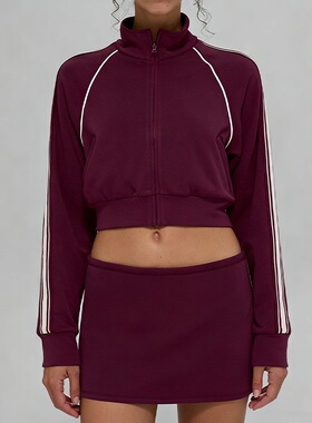 Tennis girl 运动风酒红色拉链外套女短款条纹装饰网球服运动套装