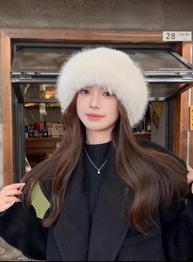 毛毛帽子女毛绒蒙古帽子女秋冬防寒白色保暖东北盆帽护耳帽渔夫帽