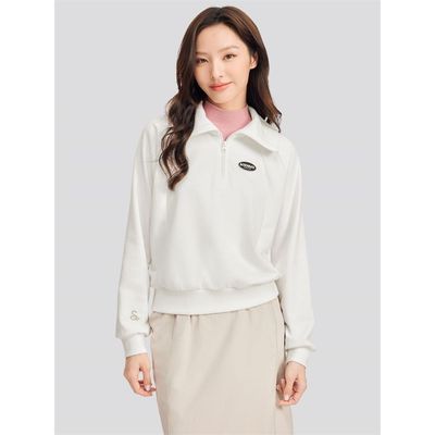 Skechers斯凯奇女子纯色短款针织卫衣翻领半拉链套头上衣L424W094