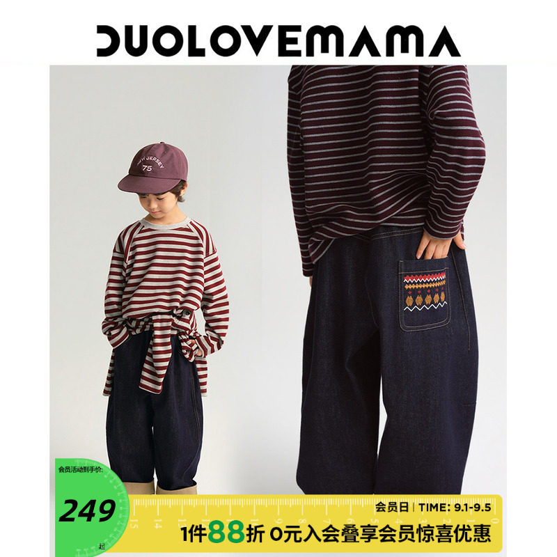 DUOLOVEMAMA 费尔岛绣花儿童香蕉牛仔裤男女童宽松舒适时髦长裤秋图片