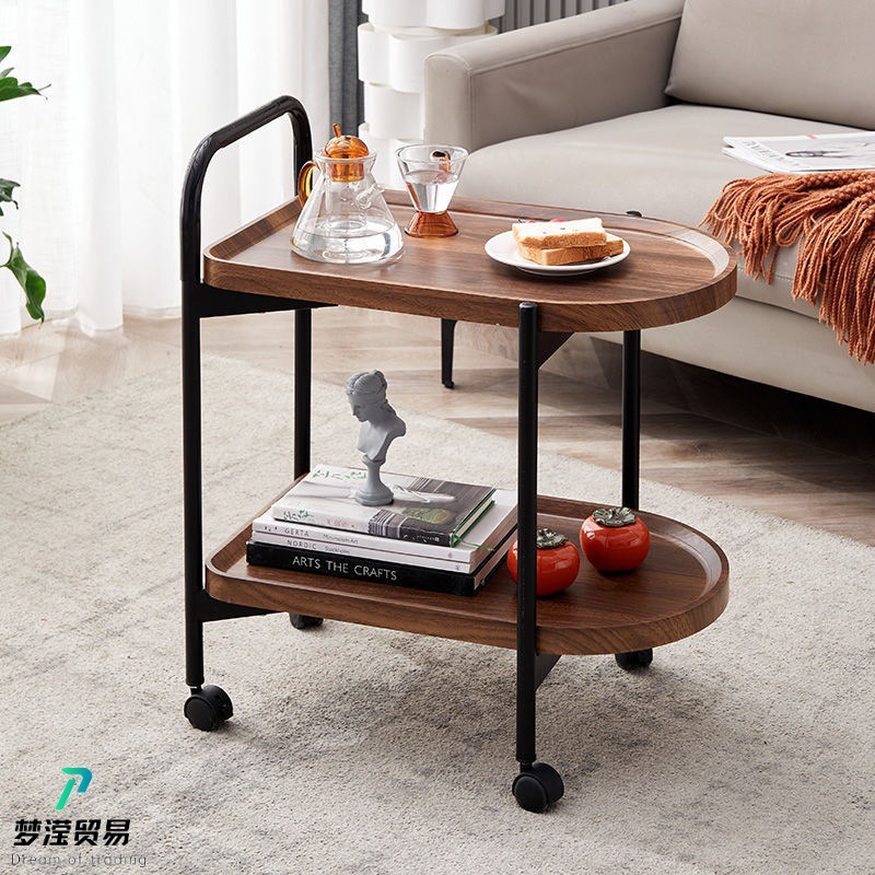 北欧现代简约小茶几桌带轮可移动胡桃色沙发旁置物架家用客厅边几