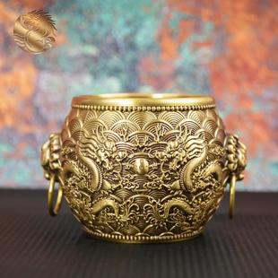宏达 全黄铜浮雕二龙戏珠铜缸家居玄关狮头龙纹缸摆件
