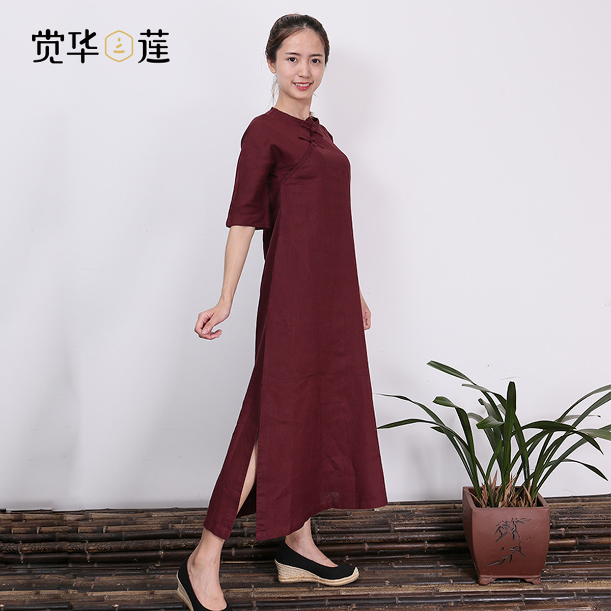 觉华莲原创改良汉服唐装圆领盘扣亚麻连衣裙5分袖显瘦仙女长裙衣