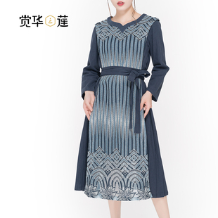 觉华莲连衣裙女2020年新款 轻熟风亚麻长裙中国风条纹碎花裙