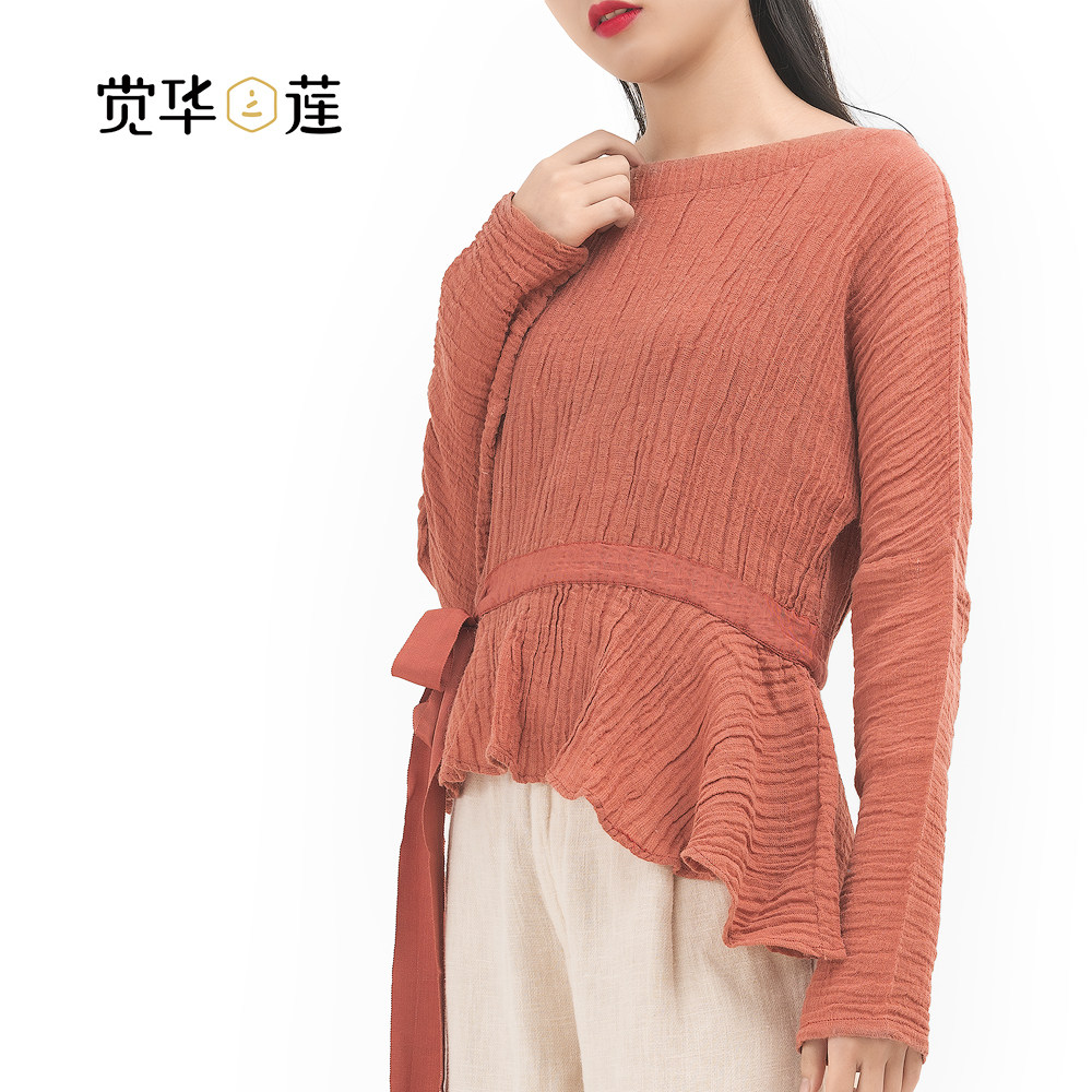 觉华莲原创春秋苎麻棉不规则圆领长袖系带短款女装上衣收腰T恤