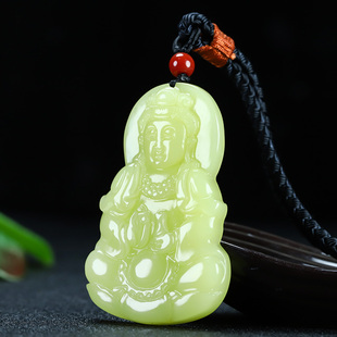 和田玉观音吊坠新疆玉净瓶观音挂件男款黄口玉观音挂件项链挂坠
