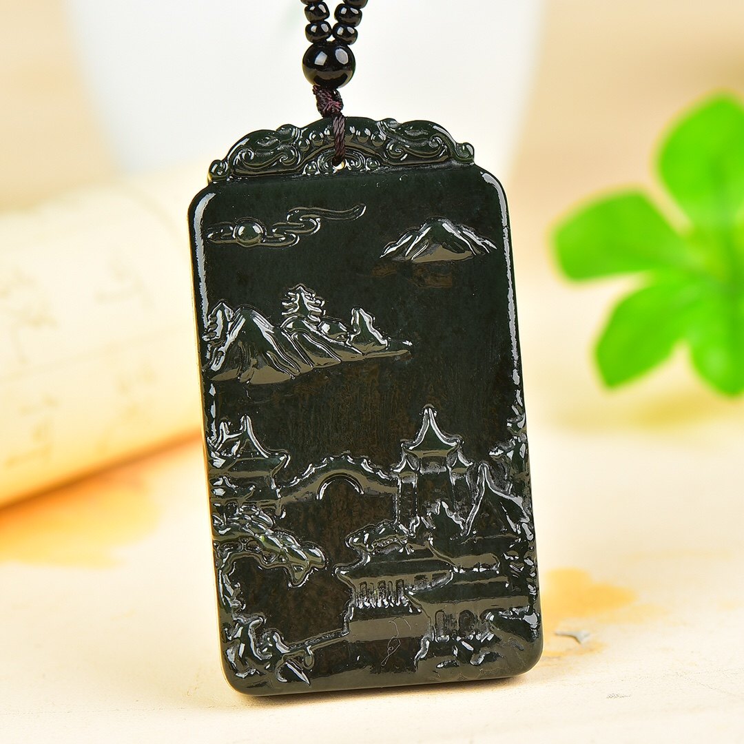 新疆和田玉墨玉山水牌吊坠男女款黑青玉山水挂件玉佩毛衣链配证书,珠宝/钻石/翡翠,颈饰,淘宝优惠券,粉丝福利购,淘宝优惠卷