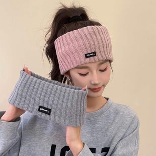 花少那英同款字母毛线发带女秋冬毛绒保暖头巾高级感宽边头套发箍