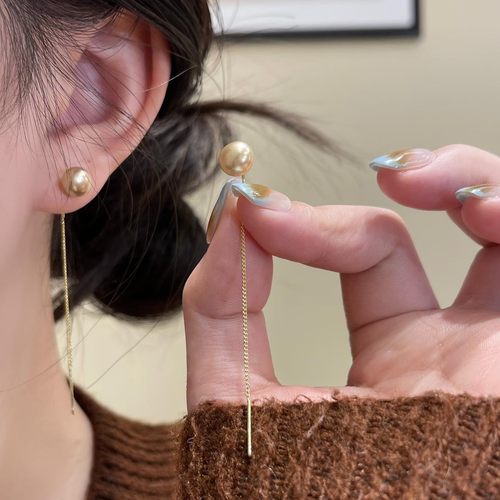 秋冬新款香槟金色珍珠长款耳线2024新款耳环耳钉高级感简约耳饰女