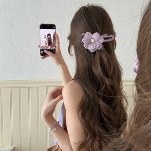 法式夏日网纱花朵鸭嘴夹发夹后脑勺氛围感抓夹少女风一字发卡发饰