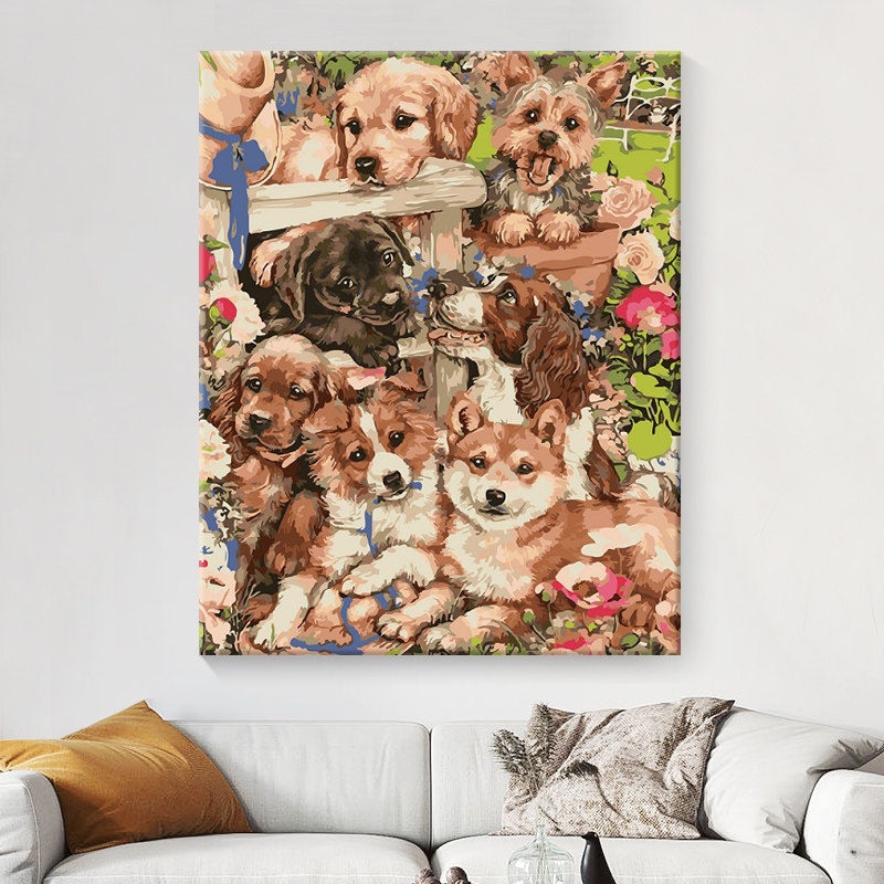 数字油画diy填充填色油彩画治愈手绘小狗水彩装饰画动物家族画画