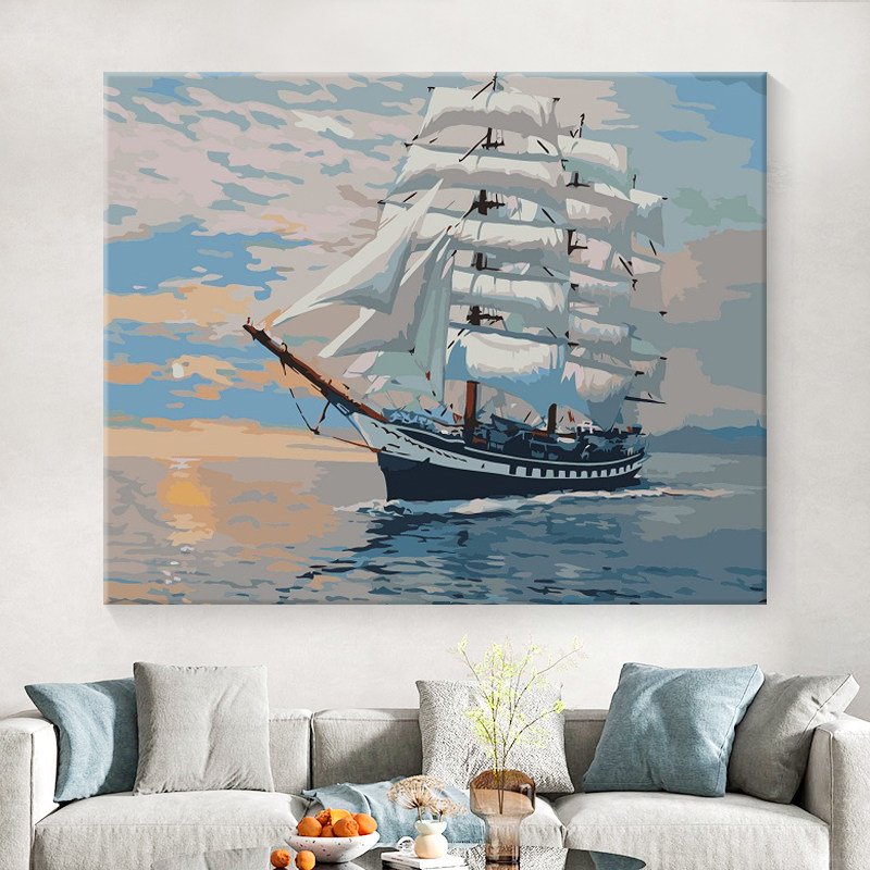 diy数字油画填充手工填色油彩画治愈手绘水彩装饰画帆船海景画画