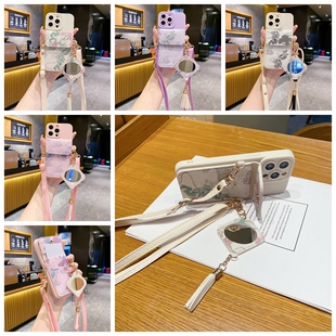 补妆镜卡包适用苹果15手机壳iPhone14/12/X/11/13全包15Pro防摔XR个性XSmax简约7P/8P国潮女15Promax软硅胶套