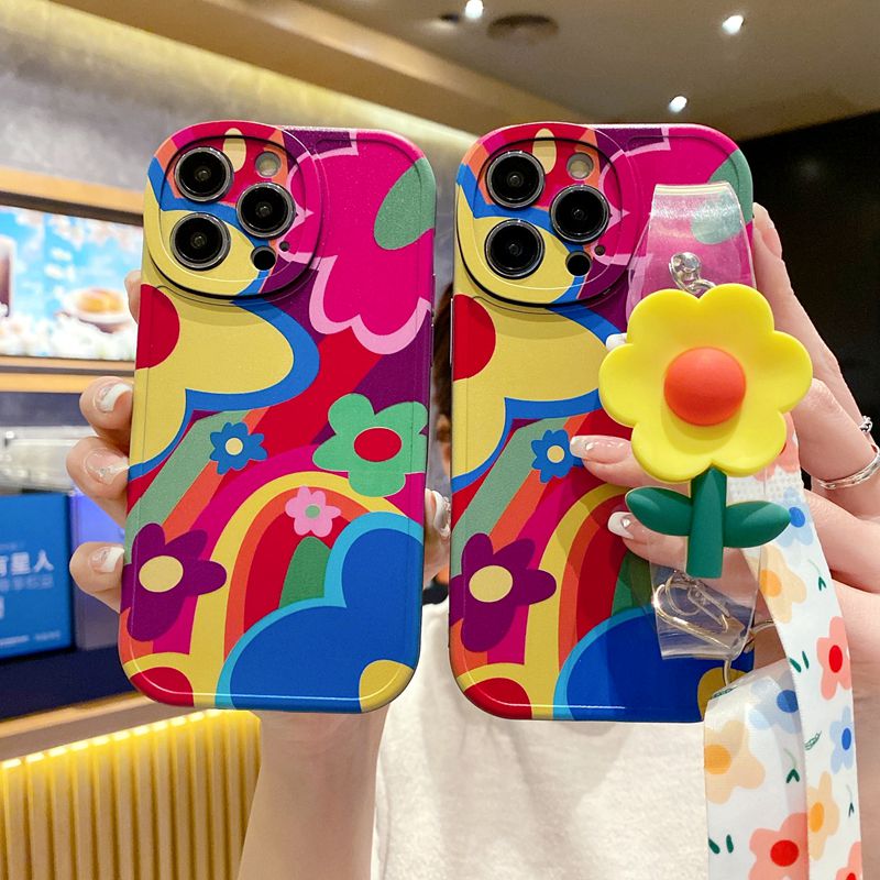 ins花朵腕带适用苹果14手机壳iPhone13/X/11/12全包14Pro防摔14Promax个性创意网红XR新潮女7P彩绘8P软硅胶套