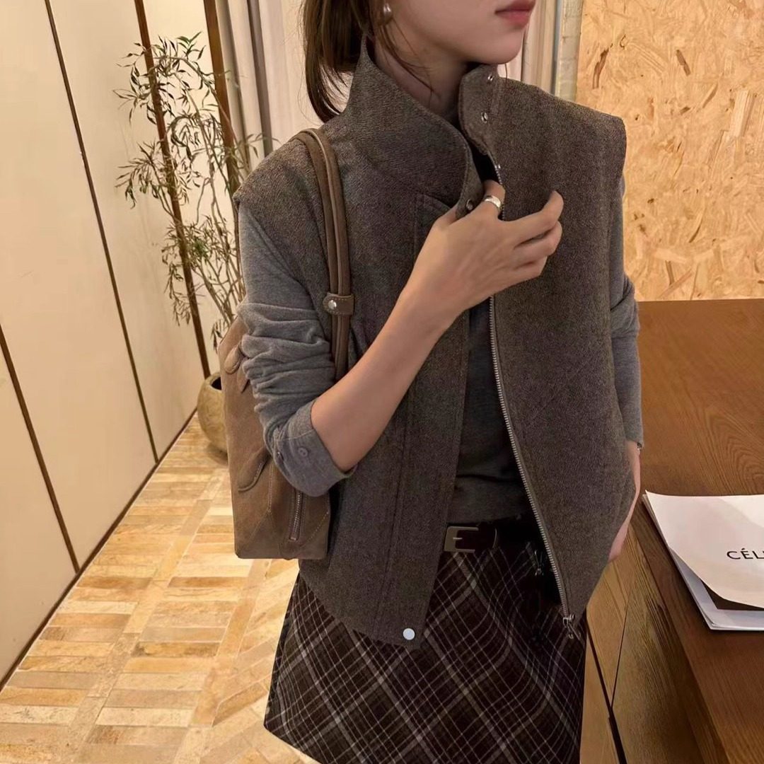 QIXI柒熹原创设计感立领秋冬简约百搭加厚毛呢马甲显瘦短款外套女,女装/女士精品,马夹,淘宝优惠券,粉丝福利购,淘宝优惠卷