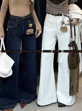 SALIN莎琳#7679秋冬抓毛高腰弹力不贴腿显瘦直筒阔腿牛仔裤女长裤