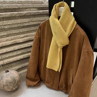 QIXI柒熹小众撞色围巾圆领拉链花苞麂皮绒短款羽绒服女保暖短外套