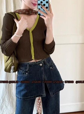 SALIN莎琳复古韩国蓝设计感不规则屁帘牛仔裤女显瘦微喇长裤#7637