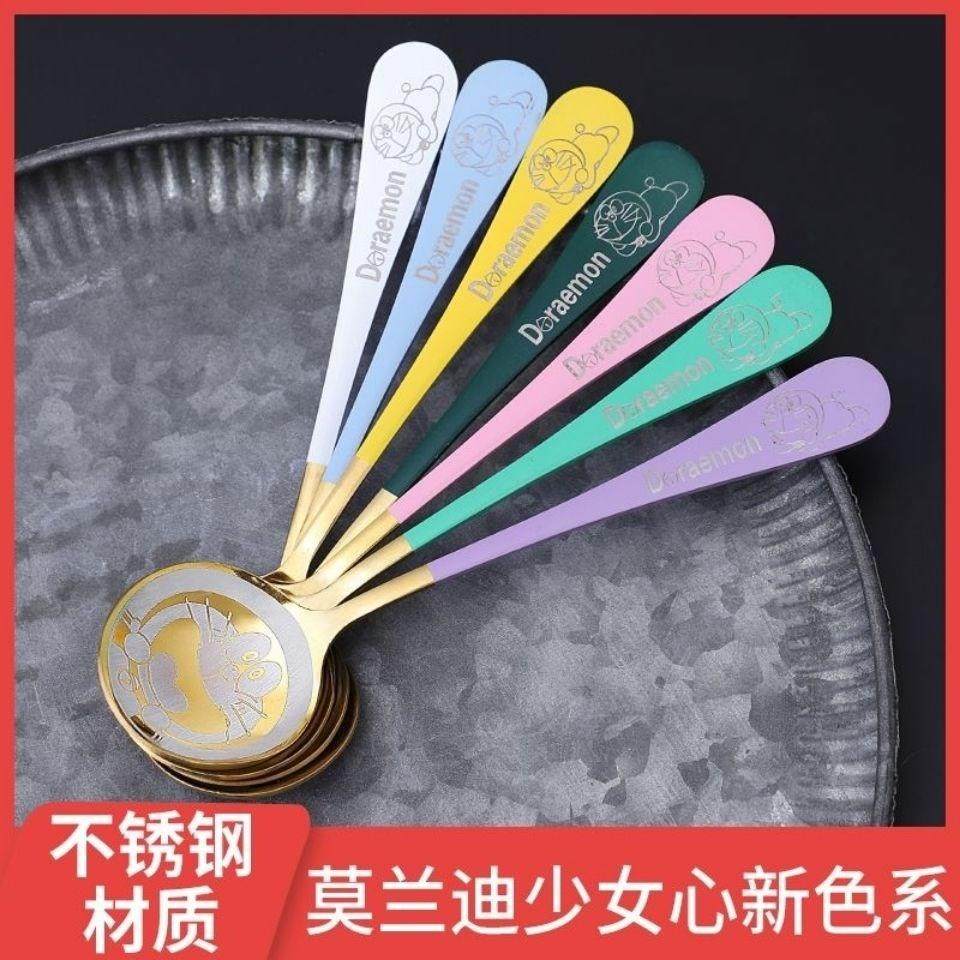 不锈钢多啦a梦圆勺子长柄韩式勺创意网红汤匙家用可爱儿童吃饭