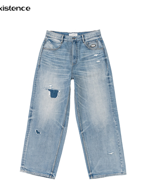IN EXISTENCE25SS 水洗破坏补丁立体压皱鬼爪廓形冰蓝牛仔裤