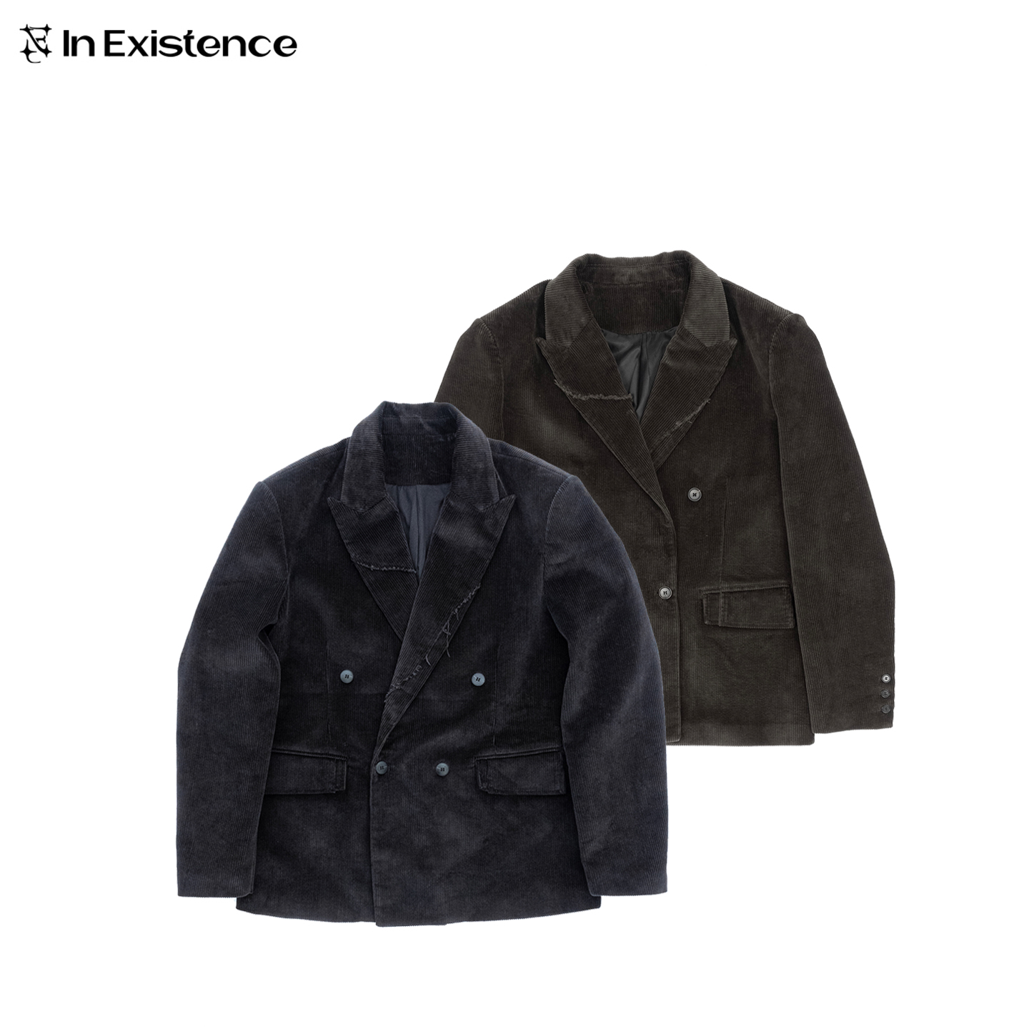 IN EXISTENCE存世25ss双排扣枪驳领分割水洗灯芯绒休闲西装外套