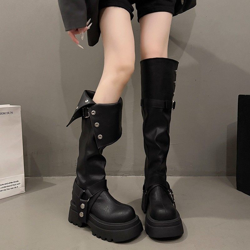 棕色可拆卸两穿厚底过膝长靴女2025冬季新款复古加绒皮带扣长筒靴,女鞋,马丁靴,淘宝优惠券,粉丝福利购,淘宝优惠卷