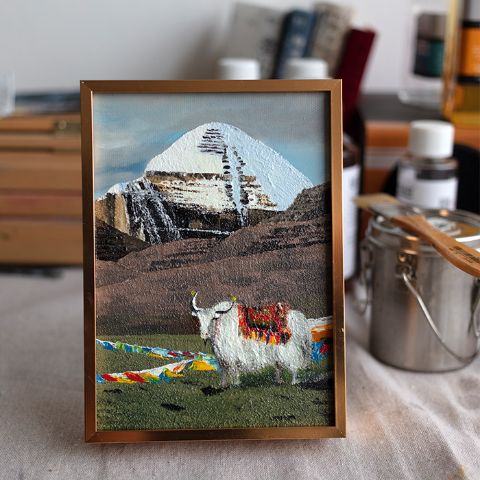 牧夏手绘油画《牦牛冈仁波齐》小尺寸摆台画 装饰画挂画伴手礼