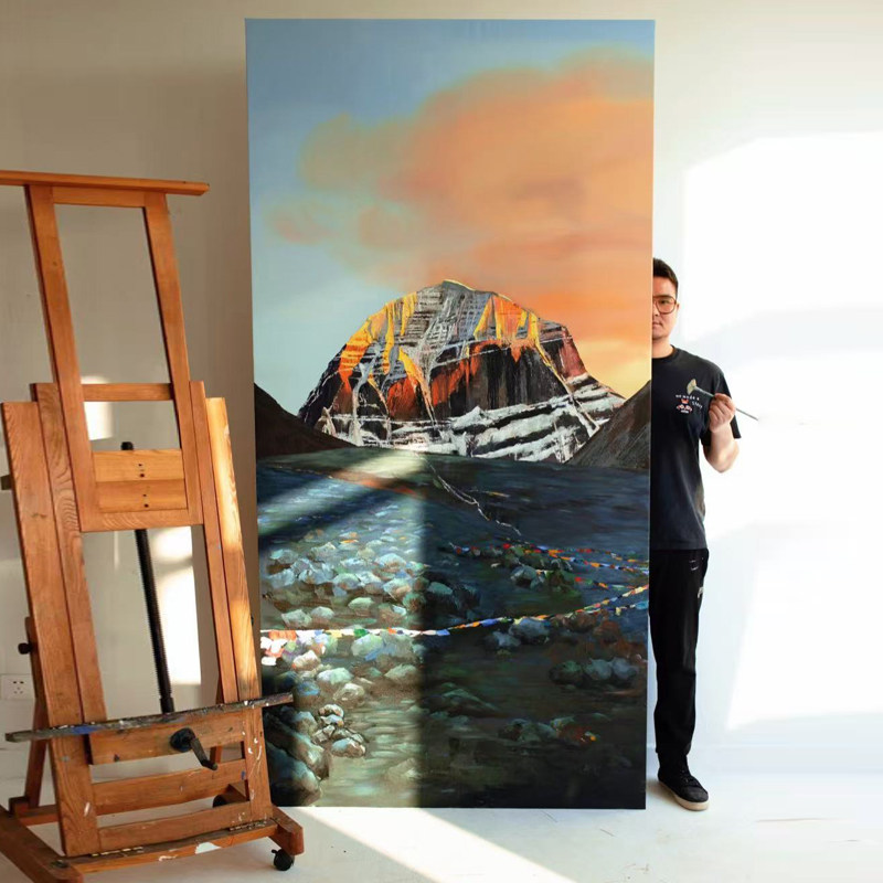 牧夏原创手绘油画《西藏阿里雪山》日照金山挂画客厅玄关装饰画