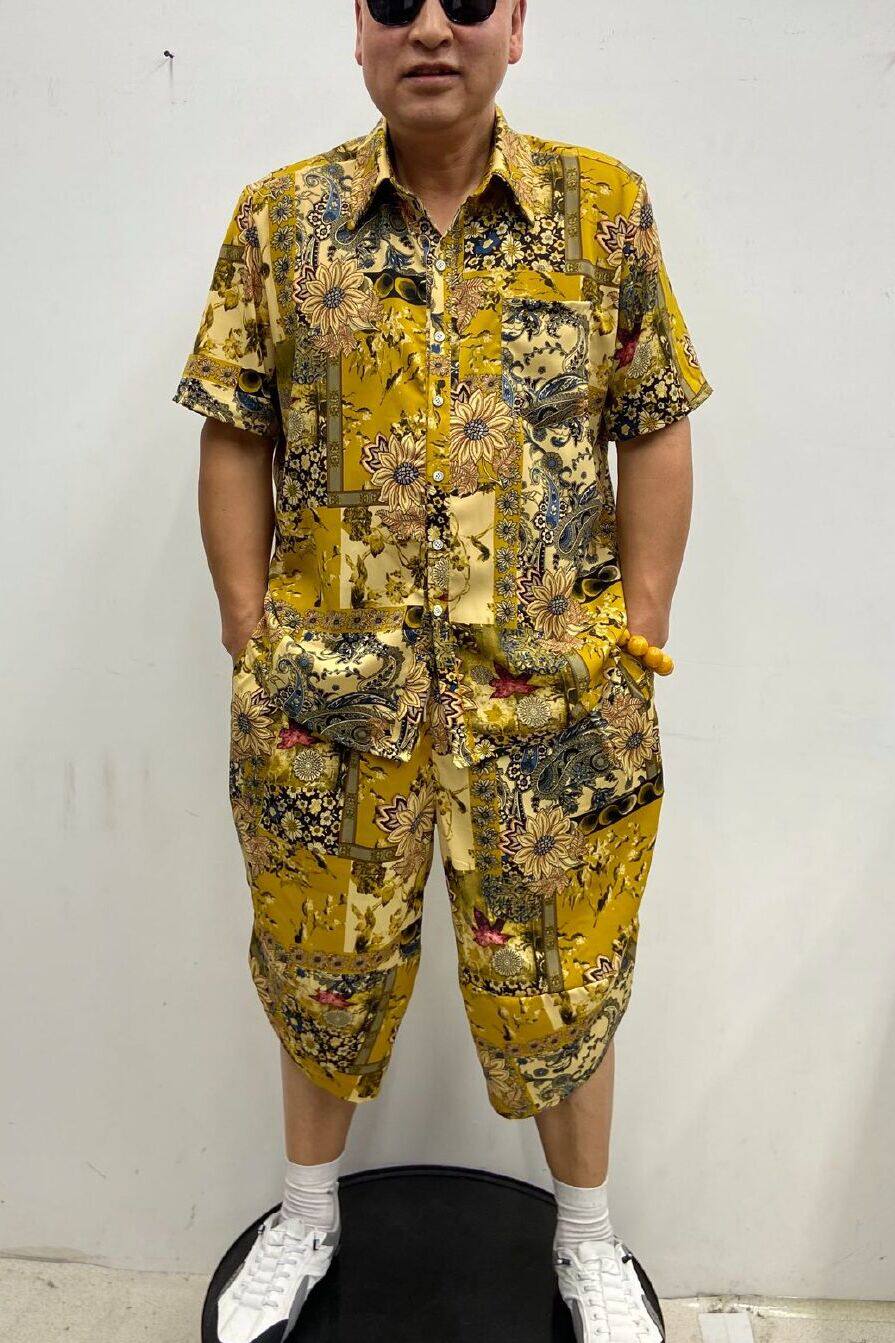 夏季半袖衬衫七分裤运动套装男士休闲宽松加肥大码哈伦短裤两件套